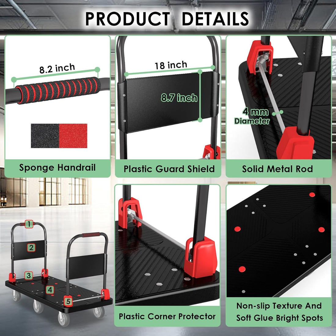 Heavy-Duty Foldable Platform Truck Cart with Dual Handrails & 2200 lbs Capacity